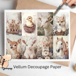 Eight images of animals like, cow, pigs, dog, cat, and others. Spring Animals Collage 1, Vellum Decoupage Paper