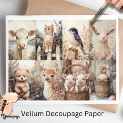 Eight images of animals, cat, lamb, cow and others. Spring Animals Collage 2, Vellum Decoupage Paper