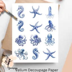 Twelve images in blue ink of different underwater creatures. Blue Ink Underwater Creatures Collage 1, Vellum Decoupage Paper