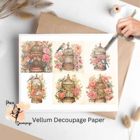 Six images of birdcages and flowers. Vintage Birdcage Collage 1, Vellum Decoupage Paper