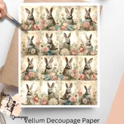 Set of 16 small images of bunnies set against a vintage background.