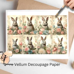 Set of 8 images of bunnies set against a vintage background.
