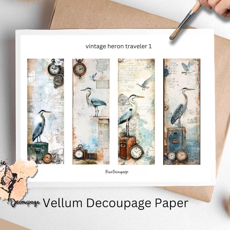 Vintage Heron Traveler Bookmark 1, Vellum Decoupage Paper