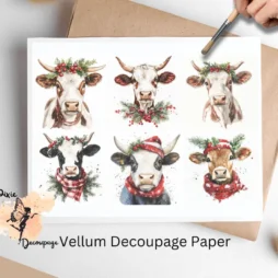 Six images of cows on a Christmas setting. Christmas Cow Collage 3, Vellum Decoupage Paper