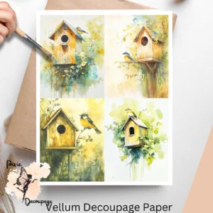 Yellow and Green Bird House Collage 1, Vellum Decoupage Pape