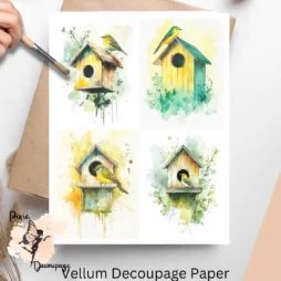 Yellow and Green Bird House Collage 2, Vellum Decoupage Paper