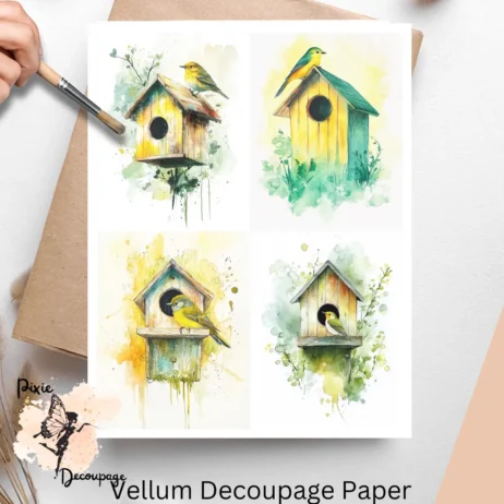 Yellow and Green Bird House Collage 2, Vellum Decoupage Paper