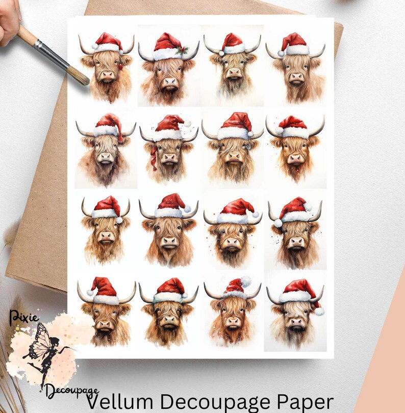 Sixteen small images of cows wearing Santa hats. Highland Cow Portrait with Santa Hat Collage 2, Vellum Decoupage Pape
