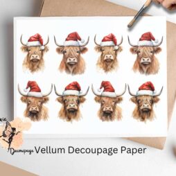 Eight images of cows wearing hats. Highland Cow Portrait with Santa Hat Collage 3, Vellum Decoupage Paper