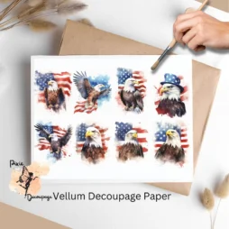 Eight images of eagles with the American flag. Patriotic Eagle Collage 4, Vellum Decoupage Paper
