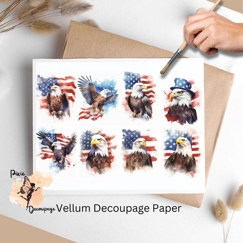 Eight images of eagles with the American flag. Patriotic Eagle Collage 4, Vellum Decoupage Paper