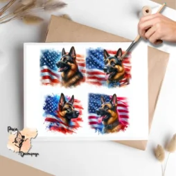 Four images of German Shepherds against the American flag background. Patriotic German Shepherd Collage 1, Vellum Decoupage Paper