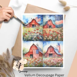 Four images of red barns. Patriotic Barn Collage 4, Vellum Decoupage Paper