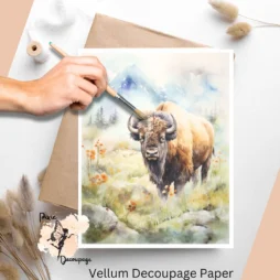 Image of a bison in a field of flowers. Bison in Spring 3, Vellum Decoupage Paper