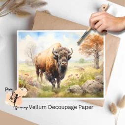 One image of a bison in a flowery field. Bison in Spring 6, Vellum Decoupage Paper