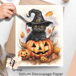 Image of a pumpkin with a spooky cat on it. Whimsical Halloween Black Cat 1, Vellum Decoupage Paper
