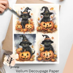 Four images of black cats and pumpkins. Whimsical Halloween Black Cat Collage 1 - Premium Vellum Decoupage Paper (NOT rice paper!! NOT suitable for curved surfaces such as shells!!) 8.5x11 inches (21.6x27.9 cm) 4 smaller images on one sheet - Stunning Colors and Quality