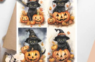 Four images of black cats and pumpkins. Whimsical Halloween Black Cat Collage 1 - Premium Vellum Decoupage Paper (NOT rice paper!! NOT suitable for curved surfaces such as shells!!) 8.5x11 inches (21.6x27.9 cm) 4 smaller images on one sheet - Stunning Colors and Quality