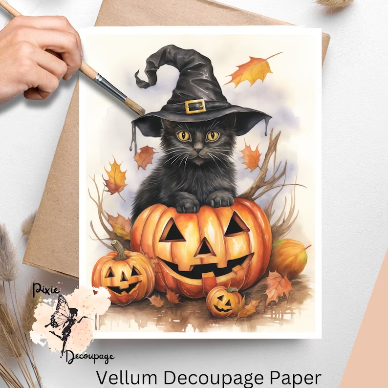 Image of a pumpkin with a spooky cat on it. Whimsical Halloween Black Cat 1, Vellum Decoupage Paper