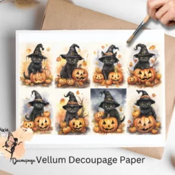 Eight images of black cats and pumpkin. Whimsical Halloween Black Cat Collage 2, Vellum Decoupage Paper