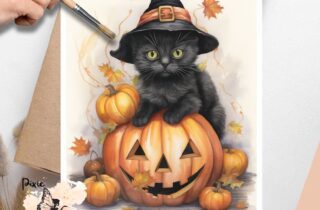 Image of a black cat on a pumpkin. Whimsical Halloween Black Cat 2, Vellum Decoupage Paper