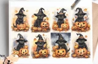 Eight images of black cats and pumpkin. Whimsical Halloween Black Cat Collage 2, Vellum Decoupage Paper