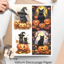 Four images of black cats and pumpkins. Whimsical Halloween Black Cat Collage 3, Vellum Decoupage Paper