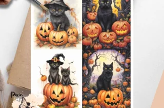 Four images of black cats and pumpkins. Whimsical Halloween Black Cat Collage 3, Vellum Decoupage Paper