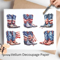Six images of cowboy boots in red, white and blue. Patriotic Cowboy Boots Collage 2, Vellum Decoupage Paper