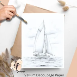 Image of a sailboat in black and white. Black and White Sailboat 1, Vellum Decoupage Paper