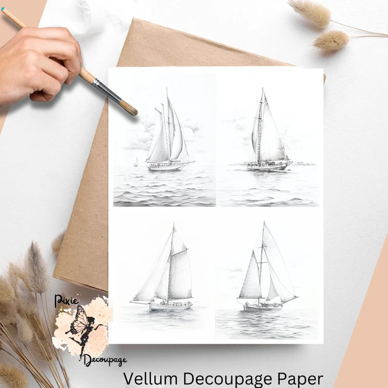 Four images of sailboats. Black and White Sailboat Collage 2, Vellum Decoupage Paper