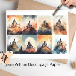 Eight images of spooky castles. Spooky Castle Collage 1, Vellum Decoupage Paper