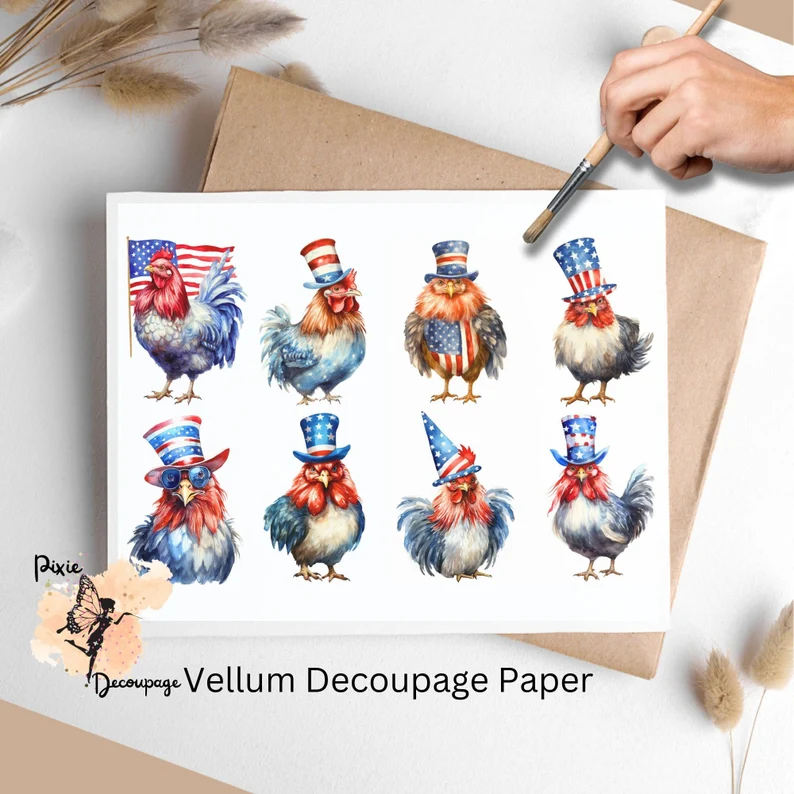Eight images of chickens. Patriotic Chicken Collage 1, Vellum Decoupage Paper