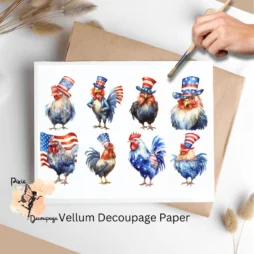 Eight images of chickens. Patriotic Chicken Collage 2, Vellum Decoupage Paper