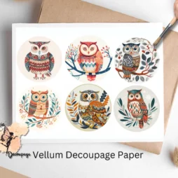 Six images of owls. Scandinavian Owl Circle Collage 1, Vellum Decoupage Paper