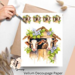 Image of cows looking out of a barn. Cows Peeking Out Barn Door 1, Vellum Decoupage Paper