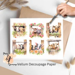 Six images of cows. Cows Peeking Out Barn Door Collage 1, Vellum Decoupage Paper
