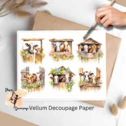 Six images of cows looking out from a barn door. Cows Peeking Out Barn Door Collage 2, Vellum Decoupage Paper