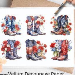 Six images of cowboy boots. Patriotic Cowboy Boots Collage 1, Vellum Decoupage Paper