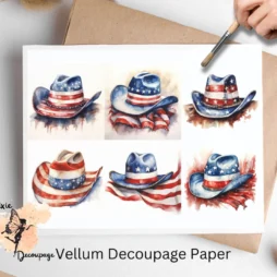Six images of cowboy hats in red, white and blue. Patriotic Cowboy Hat Collage 1, Vellum Decoupage Paper