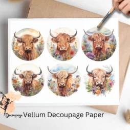 Six images of cows in circles. Highland Cow in Flowers Circle Collage 2, Vellum Decoupage Paper