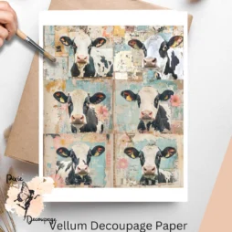 Six images of cows against a vintage background. Cows Ephemera Collage 2, Vellum Decoupage Paper