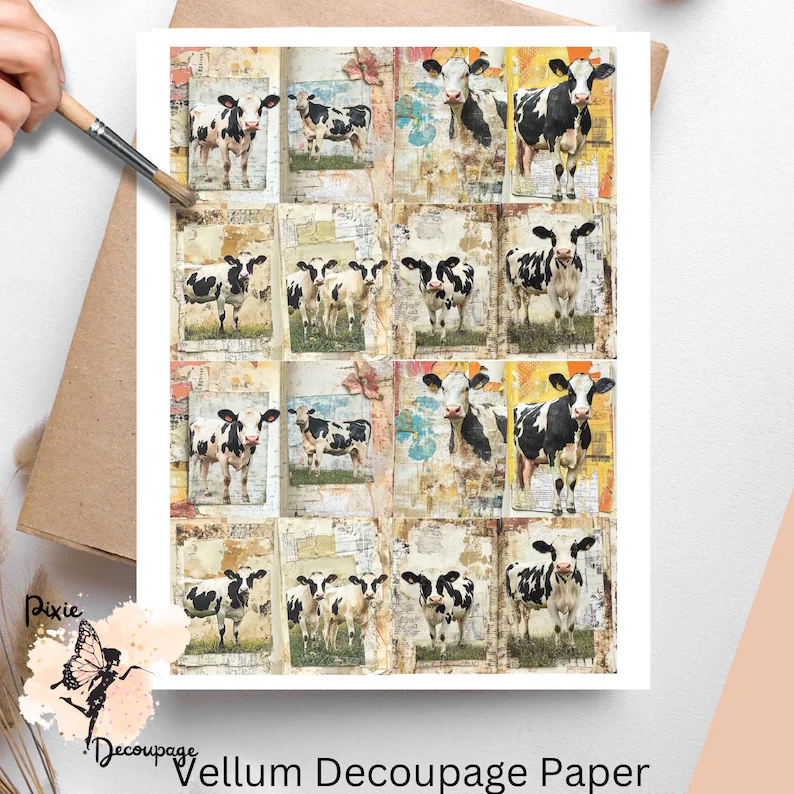 Sixteen images of cows. Cows Ephemera Collage 3, Vellum Decoupage Paper