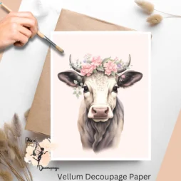 One image of a cow with a floral tiara. Cow in Florals 2, Vellum Decoupage Paper