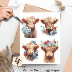 Four images of cows with flowers. Highland Cow with Red and Blue Flowers Collage 1, Vellum Decoupage Paper