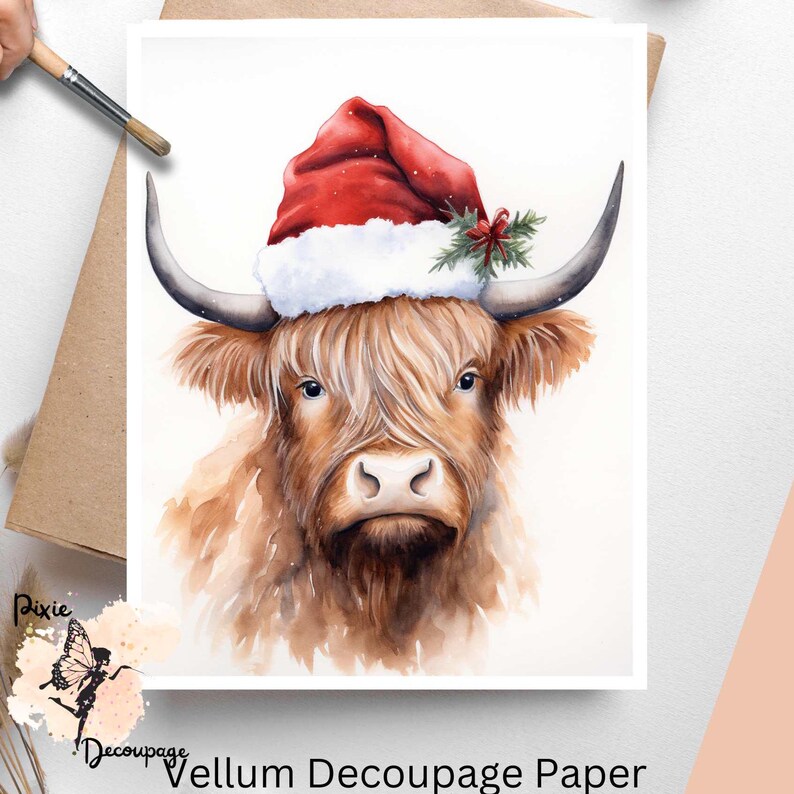 Image of a cow wearing a Santa hat. Highland Cow Portrait with Santa Hat 1, Vellum Decoupage Paper