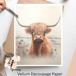 One image of a highland cow in a field. Highland Cow in Field 2, Vellum Decoupage Paper