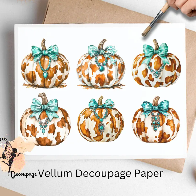 Six images of pumpkins in cow prints. Cow Print Pumpkin Collage 1, Vellum Decoupage Paper