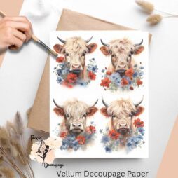 Four images of cows with red and blue flowers. Highland Cow with Red and Blue Flowers Collage 2, Vellum Decoupage Paper