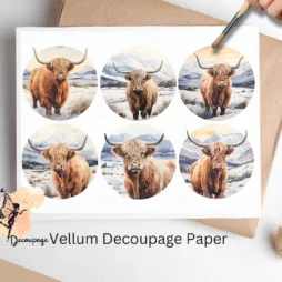 Six images of highland cows. Highland Cow in Snow Circle Collage 2, Vellum Decoupage Paper